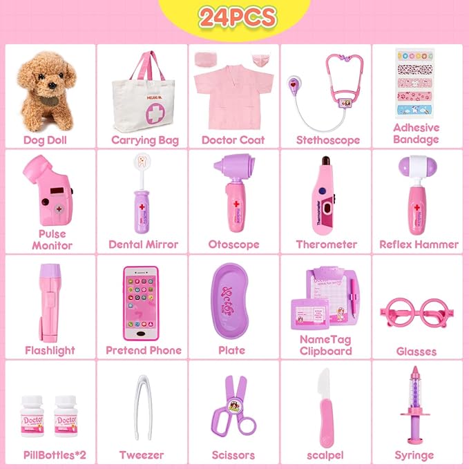 99$-Doctor Kit for Girls - Pretend Play Doctor Set with Dog Toy, Carrying Bag, Stethoscope Toy & Dress Up Costume - Doctor Play Gift for Kids Toddlers Ages 3 4 5 6 Year Old for Role Play