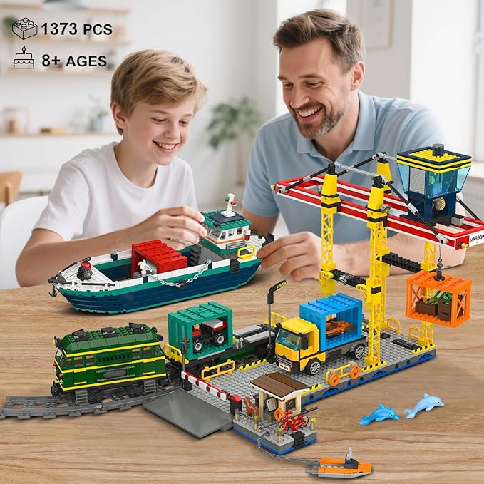 AA-119$-City Wharf Building Set with Crane - Includes Ship Train Truck, 4 Containers with Cargo Harbor Building Blocks | Large Construction Toy