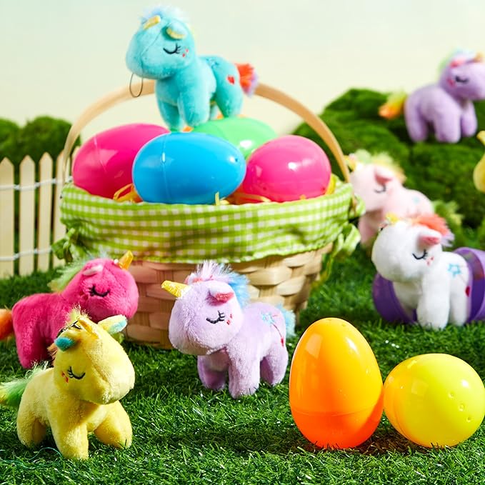 debbie-318$-12 Pcs Filled Easter Eggs with Plush Unicorn, Bright Colorful Eggs Prefilled with Variety Plush Unicorn for Kids Toddlers Easter Hunt
