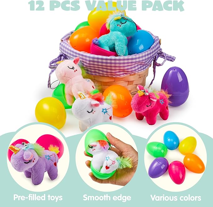 debbie-318$-12 Pcs Filled Easter Eggs with Plush Unicorn, Bright Colorful Eggs Prefilled with Variety Plush Unicorn for Kids Toddlers Easter Hunt