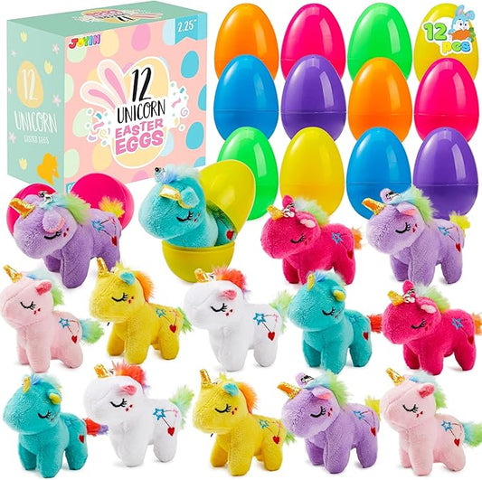 debbie-318$-12 Pcs Filled Easter Eggs with Plush Unicorn, Bright Colorful Eggs Prefilled with Variety Plush Unicorn for Kids Toddlers Easter Hunt