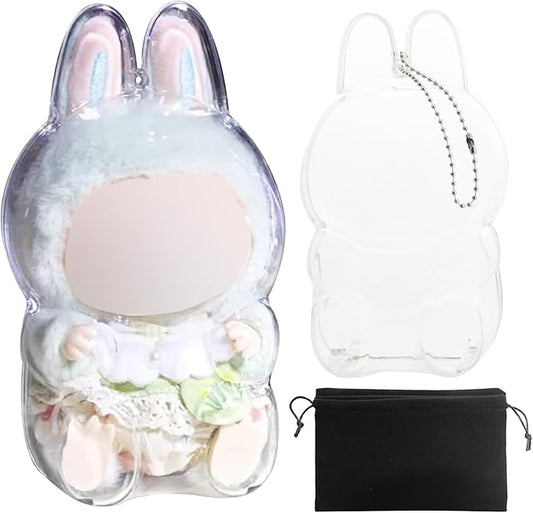 LALA-Case Cover for LABUBU, Protective Case for LABUBU Doll, Plastic Clear Cover for LABUBU Have a Seat Plush Toy with Key Chain and Flannel bag, Plastic Clear Display Box for LABUBU (No Doll, 15cm)