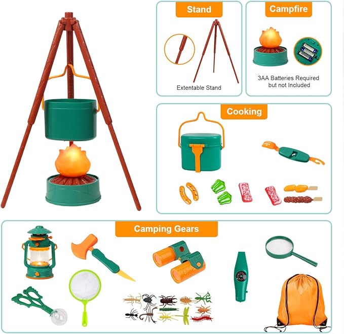 AA-169$-Kids Camping Set with Tent - Toddler Toys for Boys with Campfire, Camping Toys for Kids Indoor Outdoor Pretend Play, Gift Idea for Boys Age 3,4,5,6 Year Old Birthday Christmas (Green)
