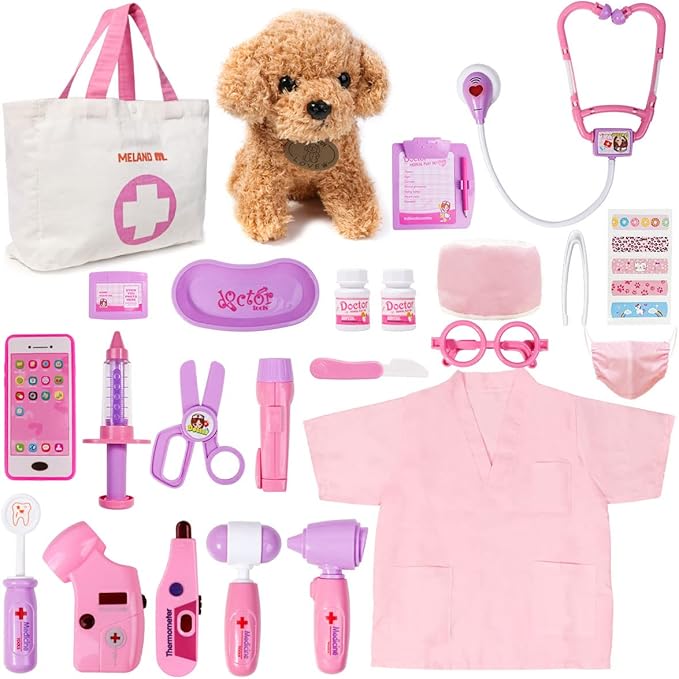 99$-Doctor Kit for Girls - Pretend Play Doctor Set with Dog Toy, Carrying Bag, Stethoscope Toy & Dress Up Costume - Doctor Play Gift for Kids Toddlers Ages 3 4 5 6 Year Old for Role Play