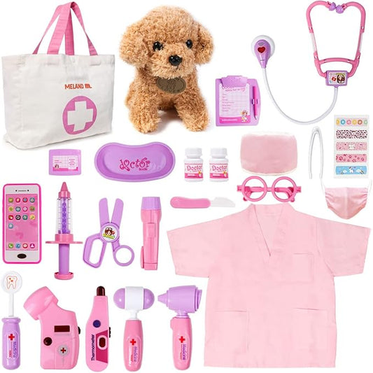 99$-Doctor Kit for Girls - Pretend Play Doctor Set with Dog Toy, Carrying Bag, Stethoscope Toy & Dress Up Costume - Doctor Play Gift for Kids Toddlers Ages 3 4 5 6 Year Old for Role Play
