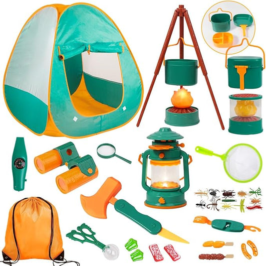 AA-169$-Kids Camping Set with Tent - Toddler Toys for Boys with Campfire, Camping Toys for Kids Indoor Outdoor Pretend Play, Gift Idea for Boys Age 3,4,5,6 Year Old Birthday Christmas (Green)