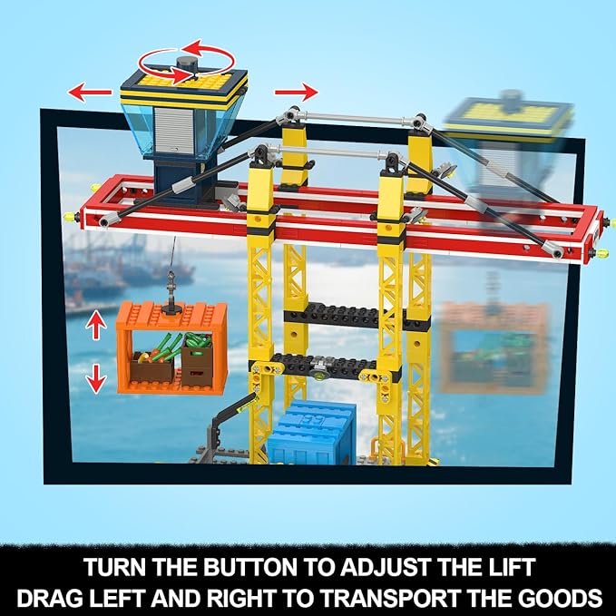 AA-119$-City Wharf Building Set with Crane - Includes Ship Train Truck, 4 Containers with Cargo Harbor Building Blocks | Large Construction Toy