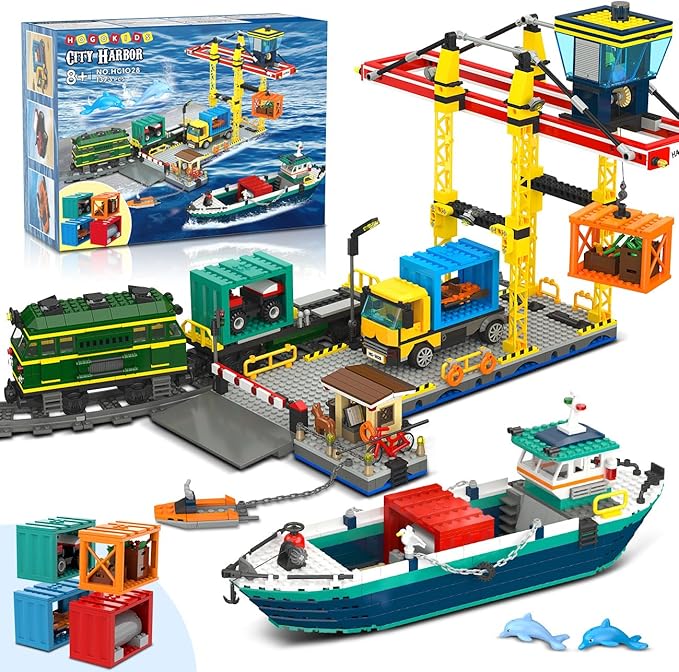 AA-119$-City Wharf Building Set with Crane - Includes Ship Train Truck, 4 Containers with Cargo Harbor Building Blocks | Large Construction Toy